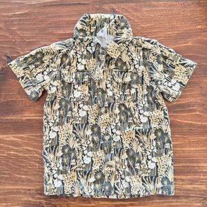 EUC Kate Quinn Short Sleeve Military Shirt Floral Print Black & Tan Bamboo 18-24